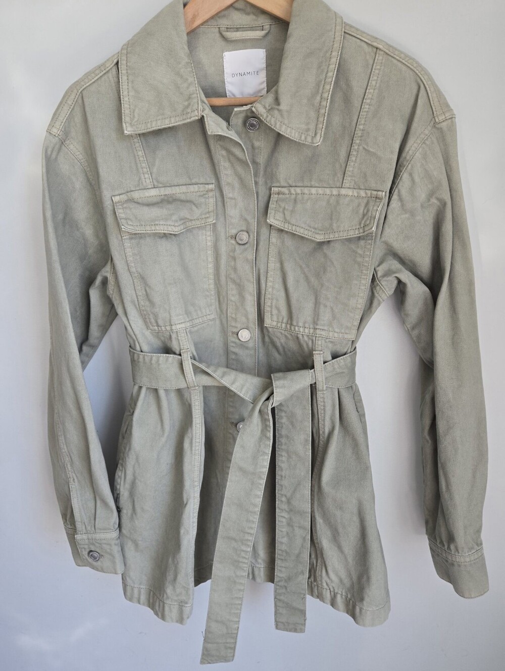 DYNAMITE Light Sage Green Denim Utility Belted Jacket